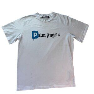 Palm Angels White T-Shirt With Blue & Black Print Short Sleeve Crew Neck Cotton